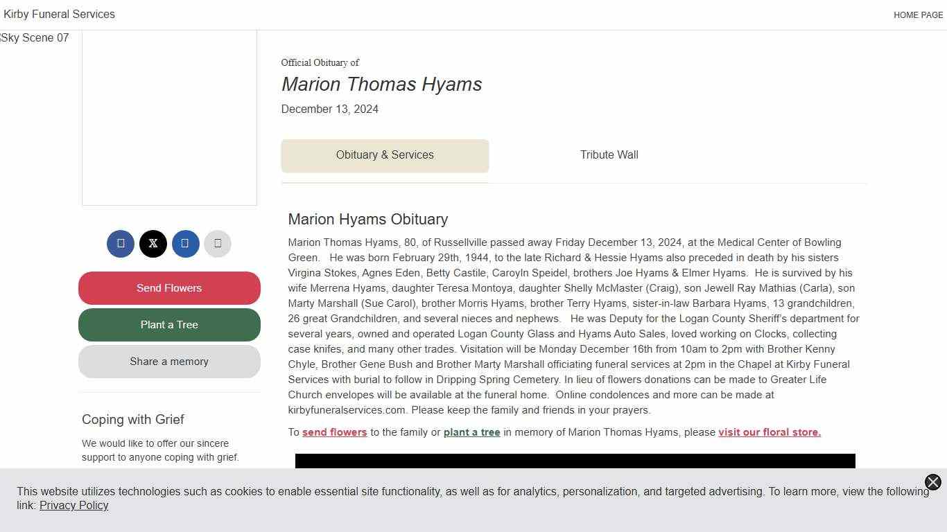 Obituary for Marion Thomas Hyams | Kirby Funeral Services