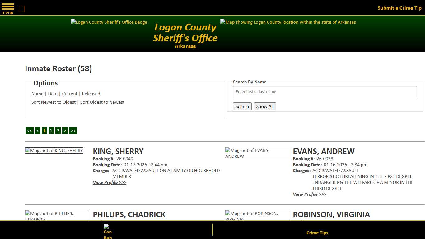 Inmate Roster - Current Inmates Booking Date Descending - Logan County Sheriff's Office, Arkansas